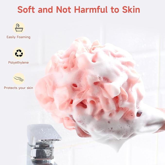 Luffa Loofah Sponge Shower Loofahs 50g Shower Bath Sponges Exfoliating Mesh Pouf Mesh Balls for Body Wash Back Scrubber Bathroom Men Women Soft Scrubber Cleaning Bathing Accessories Tool (4Colors)