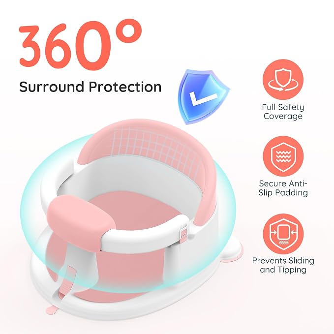 Baby Bath Seat for Babies Sitting Up, Non-Slip Baby Bath Chair with Strong Suction Cups, Lockable Armrest & High Back 360° Safety Support, Ideal for Active Toddlers 6-24 Months, Pink