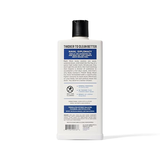 Duke Cannon Supply Co. Thick High Viscosity Body Wash - 3X Thicker, Cleansing Shower and Bath Gel, Mineral-Enriched Body Wash - Citrus Musk + Cedarwood - Mens Body Scrub - Naval Diplomacy (18 oz)