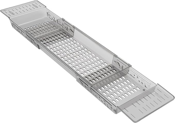 Bathtub Caddy Tray, Expandable Bath Shelf with Book and Wine Holder, Clear Gray Acrylic Bathtub Tray for Bathroom, 22.24-31.5 Inch Adjustable