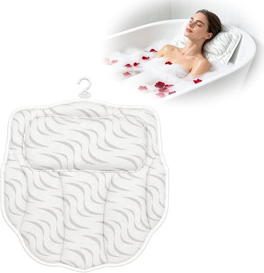 Bath Pillow for Tub, Ergonomic Neck Support Spa Bath Cushion | 4D Hollow Air Mesh,Quick-Dry & Breathable,ergonomic head neck support,6 heavy-duty suction cups for home spa tub soak