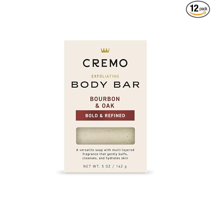 Cremo Exfoliating Body Bar for Men, Bourbon & Oak Scent, Multi-Layered Fragrance That Buffs, Cleanses and Hydrates Skin, 5oz (Pack of 12)