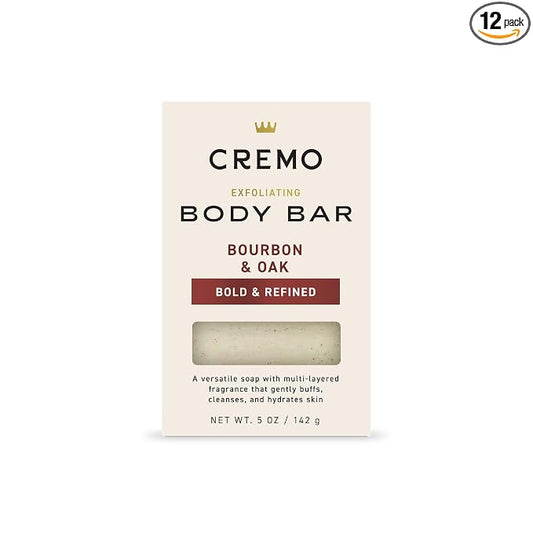 Cremo Exfoliating Body Bar for Men, Bourbon & Oak Scent, Multi-Layered Fragrance That Buffs, Cleanses and Hydrates Skin, 5oz (Pack of 12)