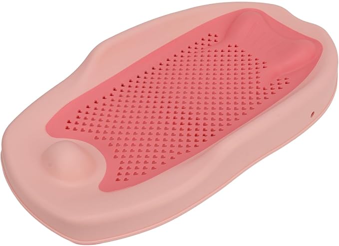 Baby Bath Support for Bathtub or Sink, Home Foldable Ergonomic Heart Shaped Sink, Rinse Tubs Hollow Pattern Infant Holder Rack Pink Bather Newborn to Toddler Tub with Three (Roseate)