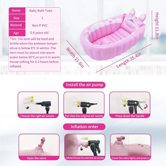 | Inflatable Baby Bathtub,Newborn Bathtub Seat for Infant,Non-Slip Baby Pool for Sitting up,Foldable Toddler Tub Shower,Portable Travel Bath for Kids 0-6 Year (Pink, Animal Print)