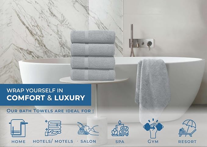 DAN RIVER Large Bath Towels Set of 4, 27 x 54 Inches, 600 GSM Larger & Lighter Weight Towels for Bathroom - Highly Absorbent & Quick Dry 100% Cotton Bath Towel Set for Home, Gym, Spa & Hotel - Silver