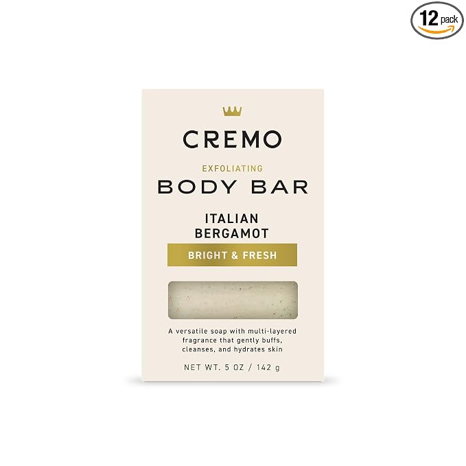 Cremo Exfoliating Body Bar for Men, Italian Bergamot Scent, Multi-Layered Fragrance That Buffs, Cleanses and Hydrates Skin, 5oz (Pack of 12)