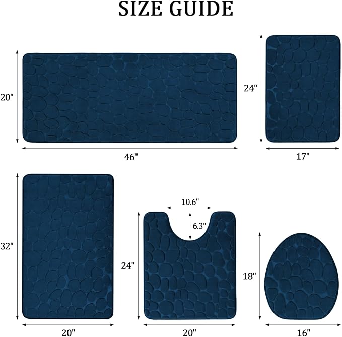 YIHOUSE Bathroom Rugs Mat Set, Memory Foam Bath Mat 5 Piece Navy Blue | Non Slip, Water Absorbent, Washable, Bath Mat For Bathroom, Sink and Toilet