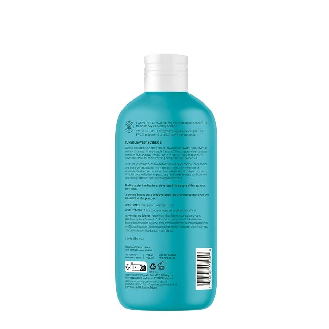 ATTITUDE Body Wash, EWG Verified Shower Gel, Dermatologically Tested, Plant and Mineral-Based, Vegan Personal Care Products, Extra Gentle, Unscented, 16 Fl Oz