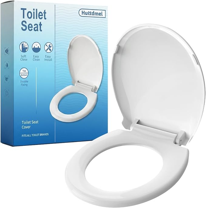 Huttdmel Round Toilet Seat 16.5", Soft Close Quiet Lid, Top & Bottom Mount, Never Loosen Hinges, Easy Install, Heavy Duty PP No Yellowing, Fits Standard Round Toilets, White