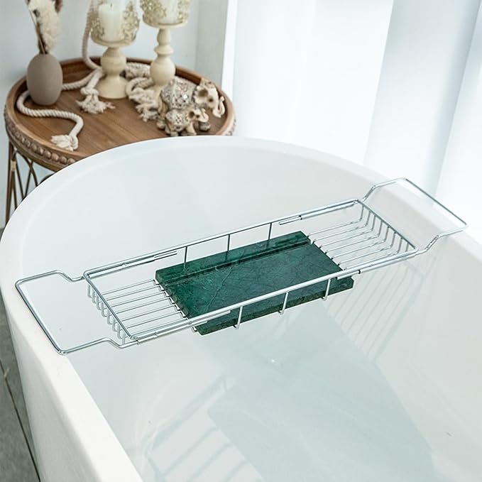 Expandable Bathtub Tray, 26.7-35.4 Inches Stainless Steel Bath Caddy Tray with Marble Base Adjustable Luxury Bath Trays for Tub Scented Candle Wine Glass Books (Silver+Green)