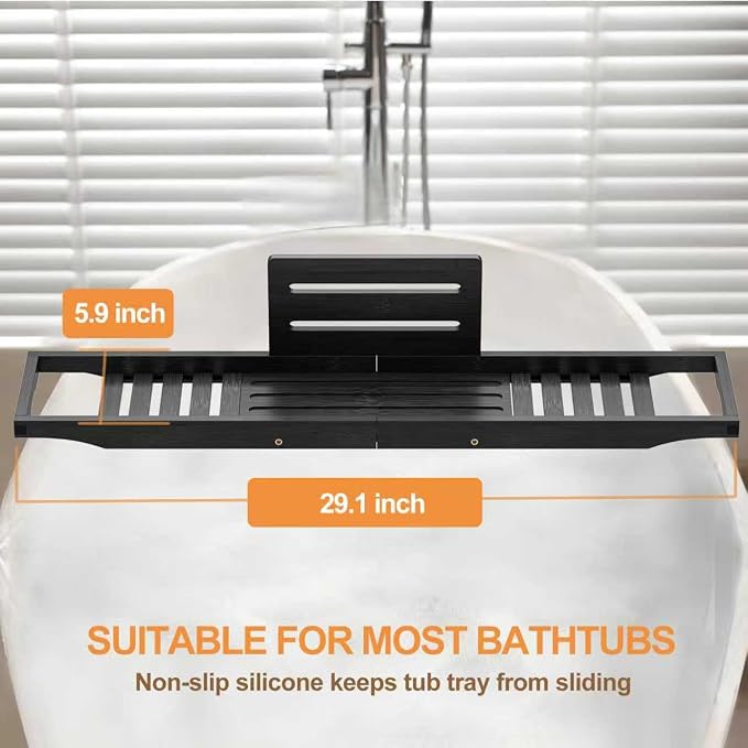 Bathtub Tray Caddy Black - Bath Tray Black - Bath Tub Table Tray Caddy - Bamboo Bath Tray for Tub