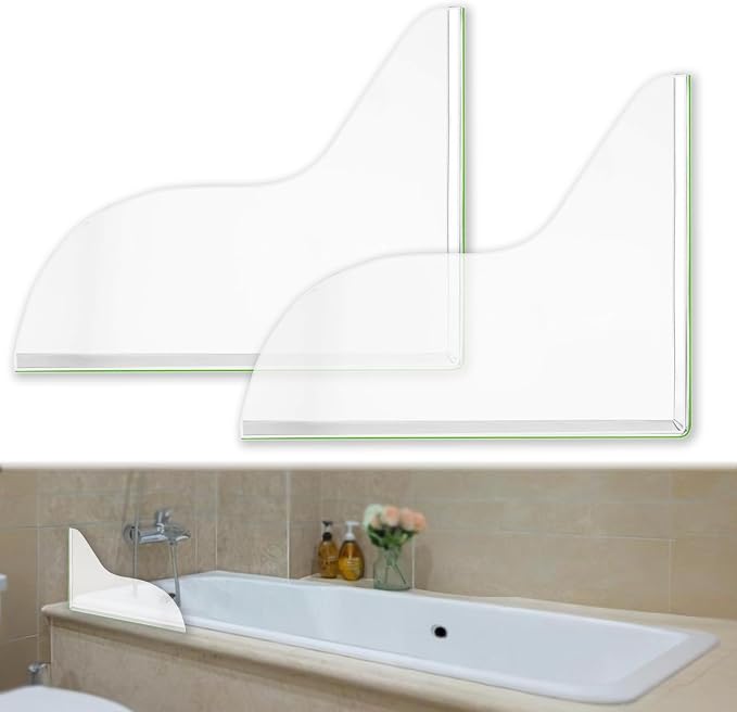 Splash Guard for Bathtub, Clear Bathtub Splash Guard Self-Adhesive Shower Tub Corner Splash Guard to Keep Water in Shower or Bath Can Be Used in Washbasin Tubs Sinks - Pack of 2