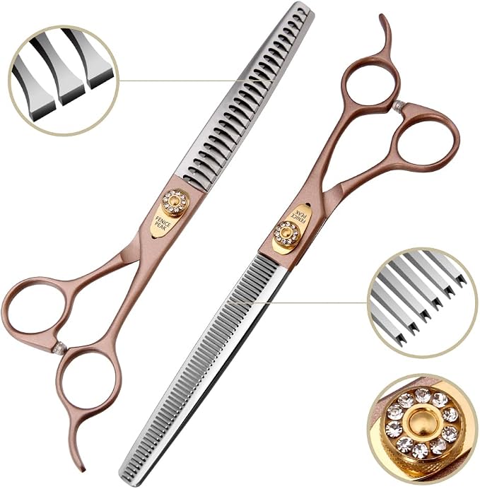 7.5'' Professional Dog Grooming Scissors Set Rose Gold 440C Stainless Steel Straight Thinning Curved Chunker Shears 4pcs Set for Pet Grooming Services Dogs and Cats