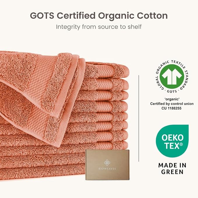 BIOWEAVES 100% Organic Cotton 700 GSM Plush Premium Washcloths 13" x 13" GOTS Certified, Face Towels Perfect for Home & Bathroom - Burnt Orange, Pack of 12