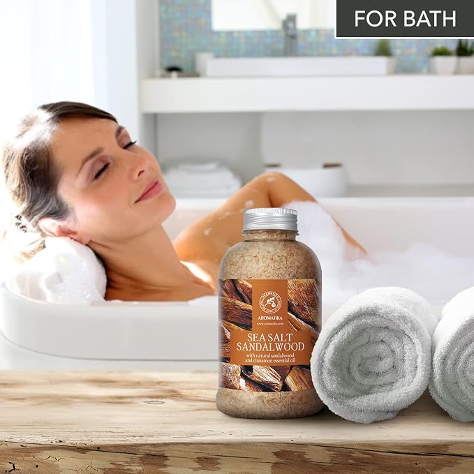 Bath Salts Sandalwood 21.16 Oz - Natural Sandalwood & Cinnamon Essential Oil - Sea Salt - Best for Bath - Good Sleep - Relaxing - Body Care - Beauty
