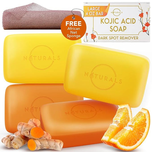 O NATURALS 100% Natural Bar Kojic Acid Soap - Gift Set - Organic Ingredients & Essential Oils - Spa Gifts for Women & Men, Body Wash - 4PC Turmeric - Mothers Day Gifts
