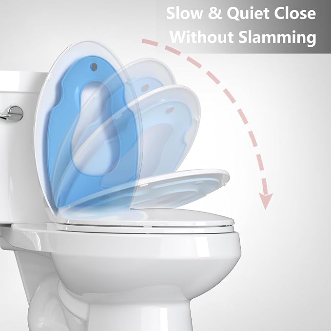 Enlongated Toilet Seat with Built-in Toddler Seat for Easy Potty Training, Baby Toilet lid 2 in 1, Easy Install and Clean, PP Material Safe and No Loosen, Perfect for Both Adults and Children, Blue