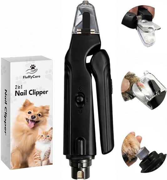2-in-1 Dog & Cat Nail Clippers with Light, USB Rechargeable Pet Nail Trimmer, Safety Guard to Prevent Overcutting, Sharp Blade for Thick Nails, Quiet Grooming Tool for Large Small Pets