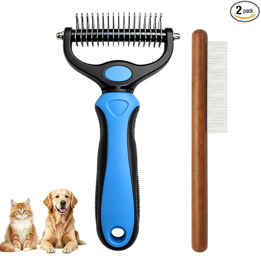 Pet Pro Grooming Tool for Dogs & Cats, 2-in-1 Blue Deshedding Brush & Wooden-Handle Steel Comb, Undercoat Rake for Long Hair Thick Coats, Painless Dematting Removes Tangles Knots & Loose Fur