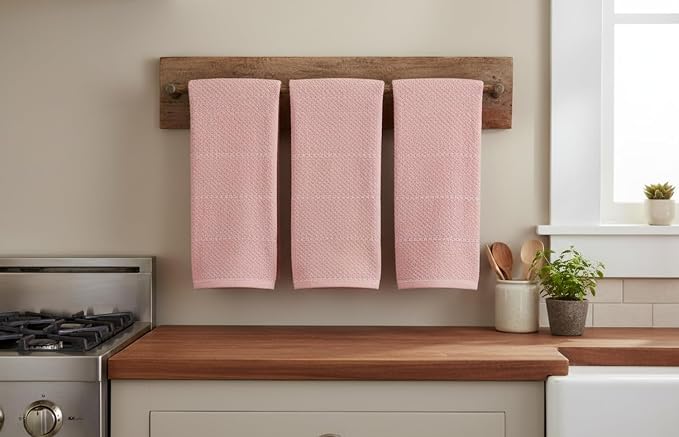 Serafina Home Light Pink Kitchen Hand Dish Towels: Oversized 28" x 18",100% Cotton Cloth Soft Cleaning Drying Absorbent Textured Design, Set of 3 Multipurpose for Everyday Use (Pink)