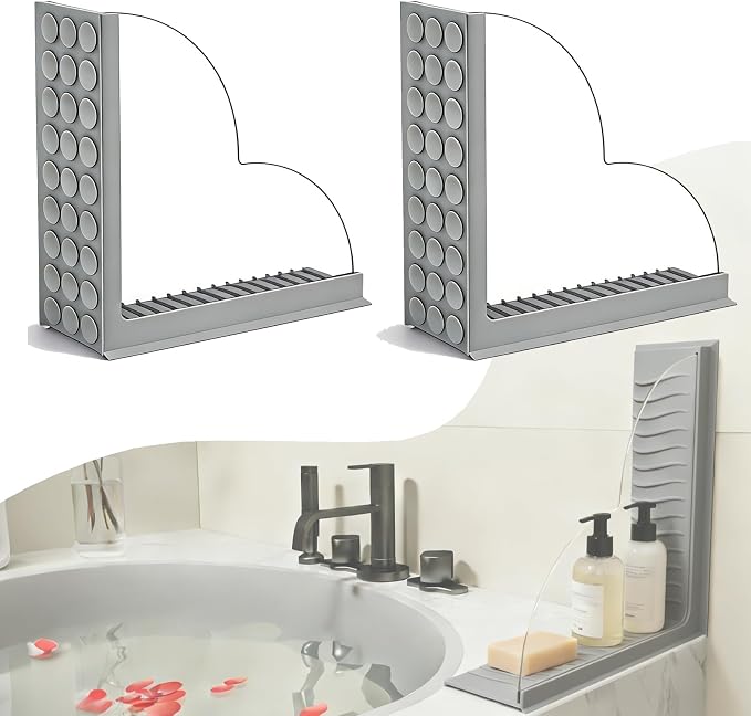 Bathtub Splash Guard with Suction Cup No Adhesive Reusable Silicone | 2 Pack,Fits Uneven Angled Corners,Easy Cleaning,Multi Wet-area Use,Renter Safe No Wall Damage for Shower Tub & Sink Gap Gray