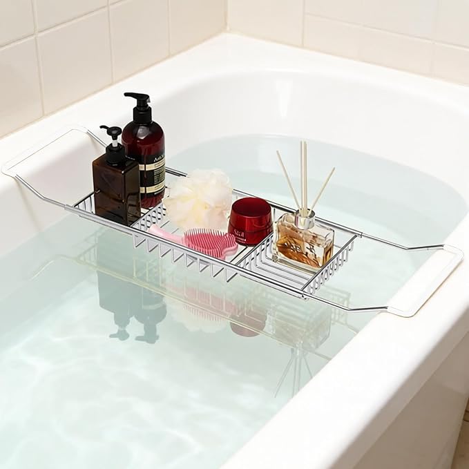 Bathtub Caddy Tray, Expandable Bath Tub Table with Removable Book Holder Red Wine Rack Holder, for Home Kitchen Bathroom, Sliver