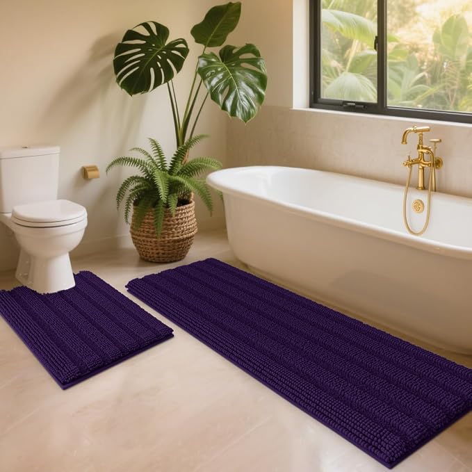 ACCUMTEK Striped Eggplant Purple Toilet Bathroom Rug Mat Set 2 piece Rug Ultra Soft, Non Slip Chenille Bath Rugs, Absorbent Plush Shaggy Bath Mats for Bathroom, Bedroom, Kitchen, Shower, Tub