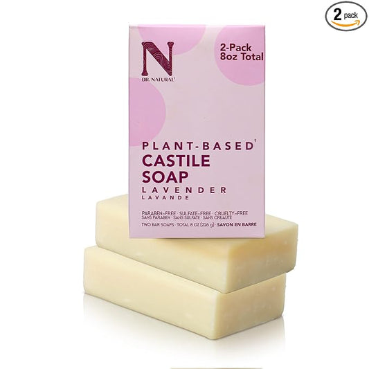 Dr. Natural Castile Bar Soap - Multipurpose Soap Bar with Anti-Acne Properties - For Face, Body and Hair - Sensitive Skin Body Wash - Lavender - 2 pcs