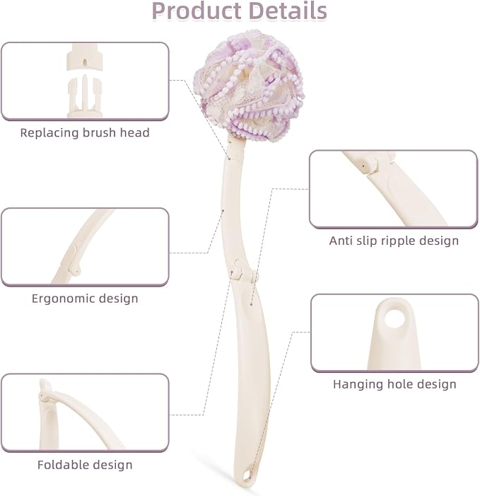 Loofah Sponge with Handle,Back Scrubber Brush for Shower, Lotion Applicator for Back,3 in 1 Shower Kit (Purple loofah)