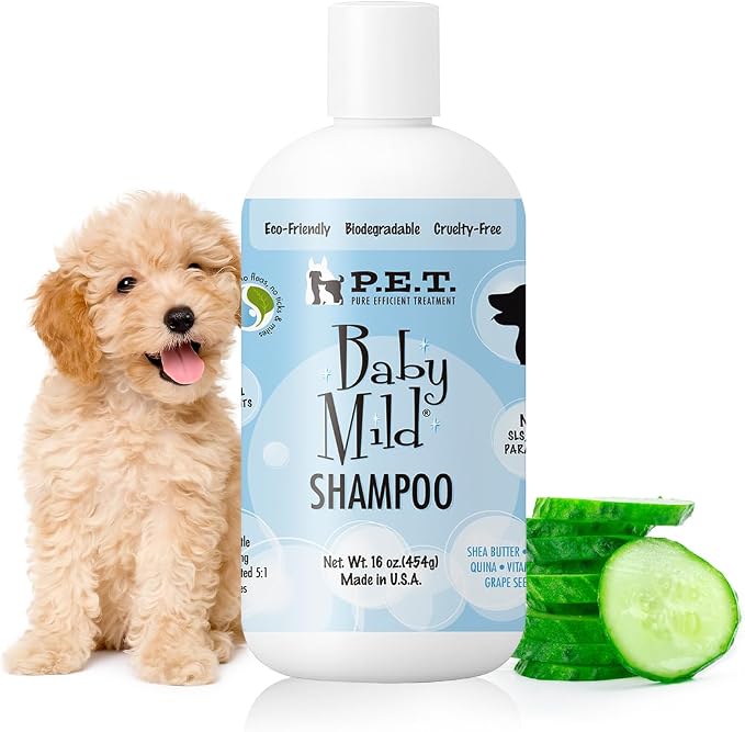 P.E.T. Baby Mild Ultra-Gentle Shampoo — Tear-Free, Hypoallergenic & Fragrance-Free Cleanser for Sensitive Pets — 5 : 1 Concentrate (Mix or Use Neat) — Cosmetic Grooming Formula — 16 oz