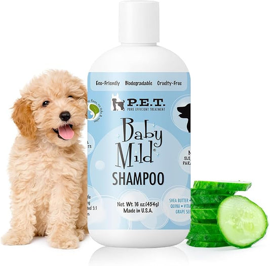 P.E.T. Baby Mild Ultra-Gentle Shampoo — Tear-Free, Hypoallergenic & Fragrance-Free Cleanser for Sensitive Pets — 5 : 1 Concentrate (Mix or Use Neat) — Cosmetic Grooming Formula — 16 oz