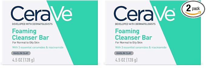 CeraVe Foaming Cleanser Bar, Soap-Free Body and Face Cleanser Bar for Oily Skin, Fragrance Free, 4.5 Ounce (Pack of 2)