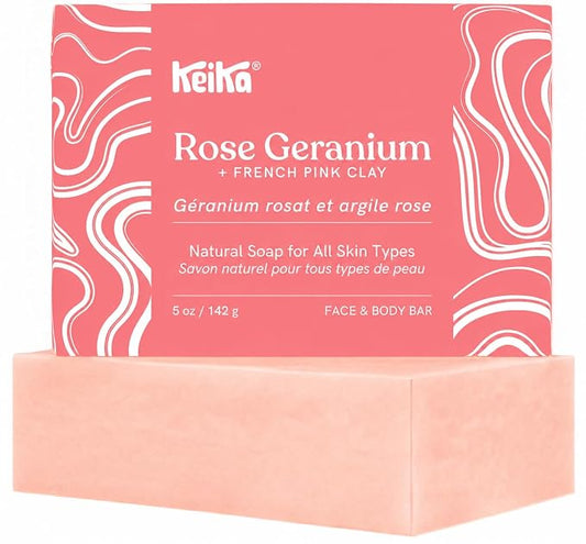 Keika Rose Geranium Soap Bar with French Pink Clay for Face & Body, Natural Balancing Spa Bath & Shower Cleanser, 5 oz.