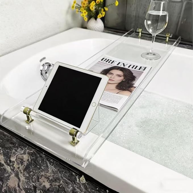 WANLIAN 33inch Luxury Bathtub Caddy Tray for Bathroom Bath tub Table Caddy Shelf for Shower Storage Organizer tub Accessories for Bath tub Table Caddy (Gold-Clear)