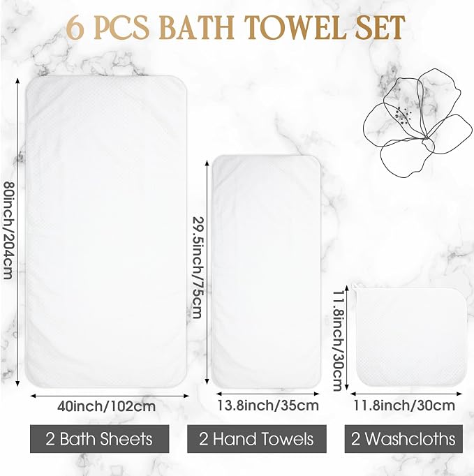 Peryiter 6 Pcs Bath Towel Set Oversized Bath Sheet Super Soft Microfiber Bathroom Sheets for Adults Quick Dry Highly Absorbent Shower Towel Sets for Bathroom Dorm Spa Gym Hotel Yoga(White)