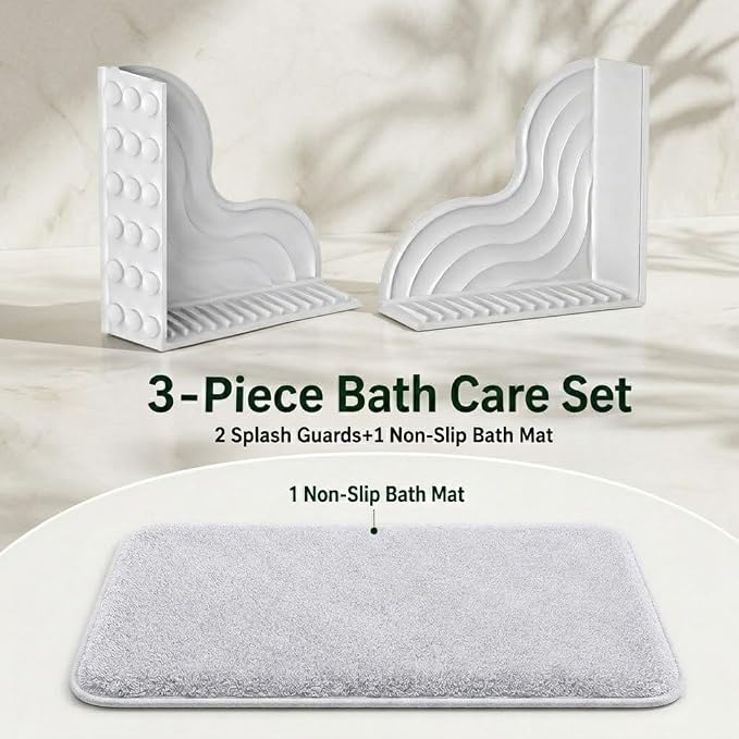 3-Piece No-Adhesive Silicone Large Shower Splash Guards with Strong Suction Cups,Splash Guard for Bathtub with One-Piece Design, Leak-Proof Seal, Reusable&Easy Removal, Keeps Floor Dry, Gray