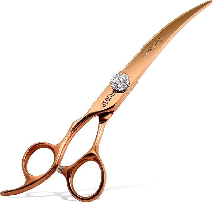 Professional Left Handed Curved Dog Grooming Scissors 7'' Downward 30° Rose Gold Titanium Japan 440C Pet Grooming Trimming Shears for Large Dog Poodle(7,Curved)