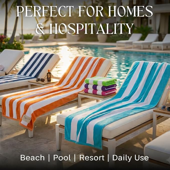 Beach Towels 6 Pack Large 30x60-100% Cotton Beach & Pool Towels Bulk Cabana Stripe - Quick Dry Bath Towel Set for Swim, Beach Essentials, Bathroom, Hot Tub, Yoga, Hotel & Airbnb Guests