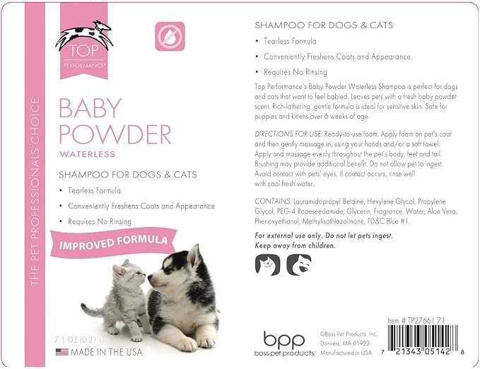 Waterless Shampoo for Dogs and Cats Travel Show Dog Mobile Groom Convenient Foam (7.1 oz Baby Powder)