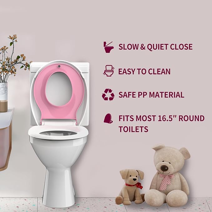 Potty Training Seat for Adults & Kids , 2-in-1 Round Toilet Seat with Toddler Seat, Soft Close Lid & Easy Install , 16.5inch,PP Safe Material,Pink