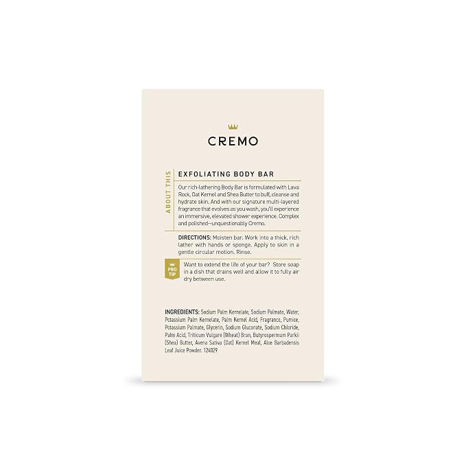 Cremo Exfoliating Body Bar for Men, Bourbon & Oak Scent, Multi-Layered Fragrance That Buffs, Cleanses and Hydrates Skin, 5oz (Pack of 12)