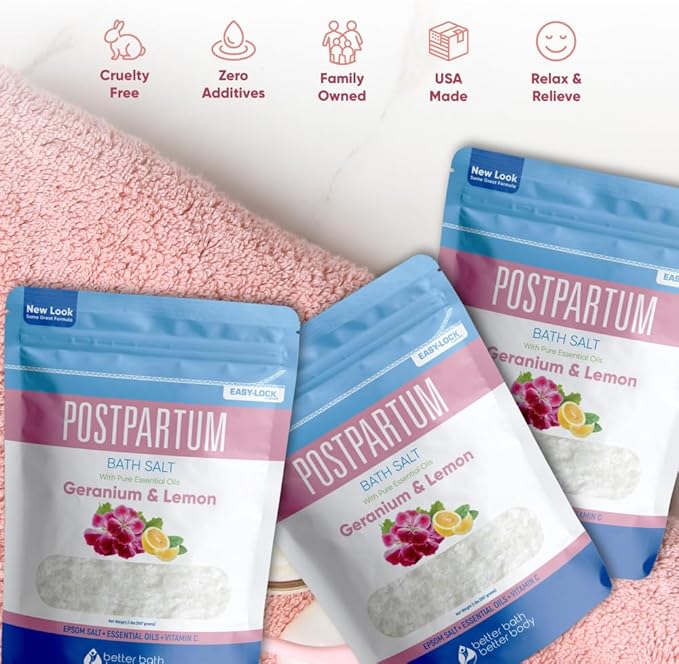 Postpartum Bath Salt (3 Pack) Postpartum Bath Soaks USP Grade Epsom Salt with Pure Essential Oils in BPA Free Pouch with Press Lock Seal Made in USA Three 2 Lbs Pouches 6 Lbs Total