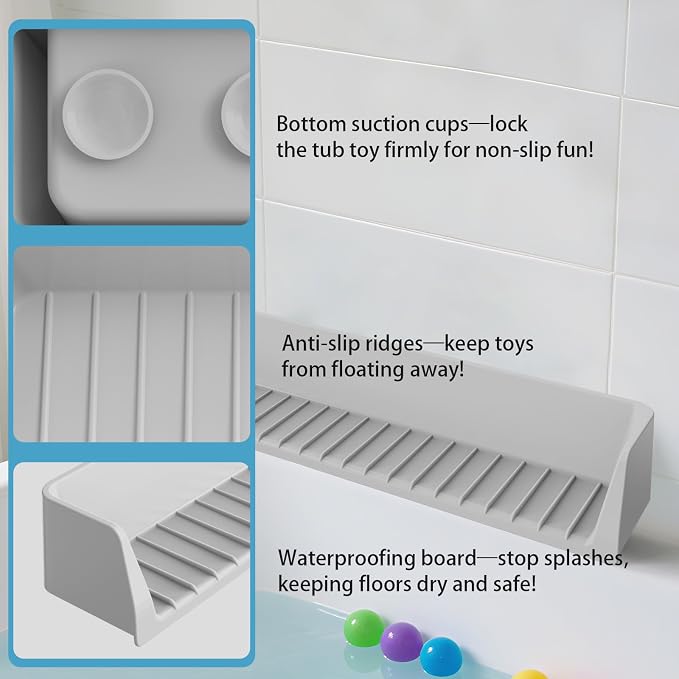 Bathtub Splash Guard PlayPad Shelf Area with Strong Suction Cups, Toy Tray Caddy Holder Storage Over Tub, Bathtub Ledge Guard, No Mess Water, Splash Protection Water Barrier for Bathroom-Gray