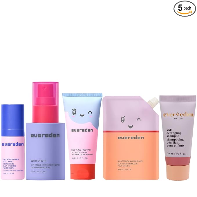 Evereden Kids Travel Set: Clean & Vegan 5-Piece Holiday Gift Set | Skin Care Set for Toddlers with Detangling Spray, Face Wash, Cream, Shampoo, Conditioner | Travel Size Toiletries | TSA approved