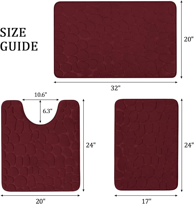 YIHOUSE Bathroom Rugs Mat Set, Memory Foam Bath Mat 3 Piece Red | U Shape+Small Mat, Non Slip, Water Absorbent, Washable, Bath Mat For Bathroom, Sink and Toilet