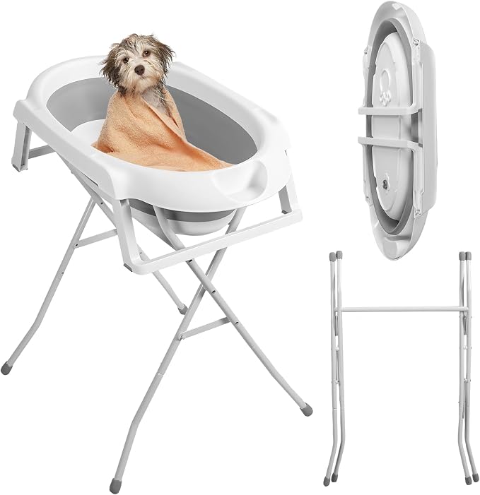 2 in 1 Dog Bathtub Dog Washing Station for Bathing and Grooming | Foldable Shower Bath Tub | Collapsible Portable Shower Bathtub for Indoor and Outdoor Small Dogs Cats Pet Grey