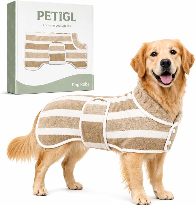 Dog Robe, Towels for Dogs After Bath, Dog Bathrobe for Drying Dogs, Fast Drying Super Absorbent Striped Dog Towel Wrap, Adjustable Warm Pet Bath Supplies (Khaki, X-Small)