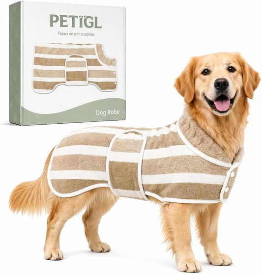 Dog Robe, Towels for Dogs After Bath, Dog Bathrobe for Drying Dogs, Fast Drying Super Absorbent Striped Dog Towel Wrap, Adjustable Warm Pet Bath Supplies (Khaki, Large)