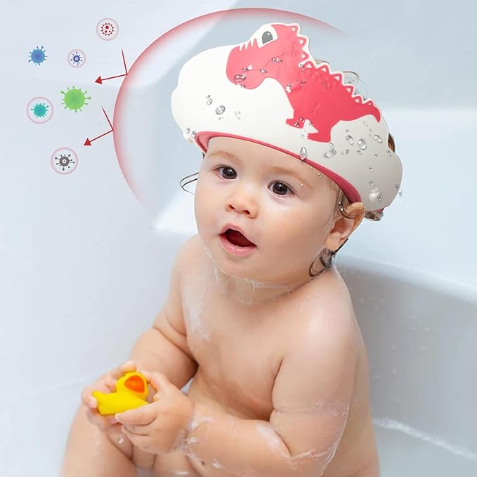 FUNUPUP Baby Shower Cap for Kids, Baby Bath Shampoo Visor Cap Hair Washing Shield Adjustable Silicone Bath Hat for Toddler Girls and Boys (Dinosaur,Red)